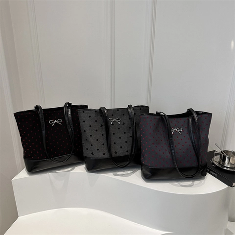 Borsa Tote da Donna in Pelle PU Grande Capacità Vintage con Fiocco Cuore Pois Stampata Borsa a Tracolla Pendolare Secchiello
