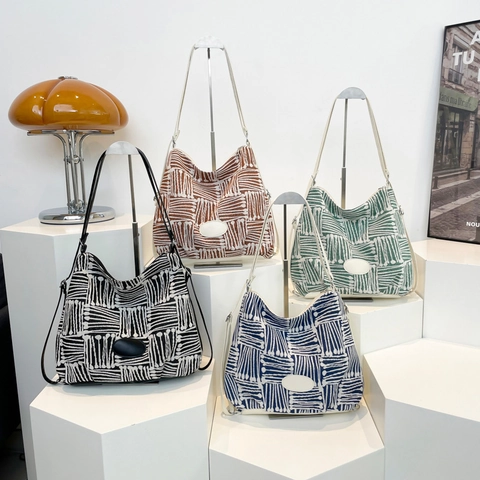 Women Large Capacity Tote Bag Geometric Woven Fabric PU Leather Shoulder Bag Vintage Commuter Purse For Daily Use