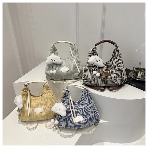 Borsa Tote in Tela a Quadri Retrò da Donna Grande Capacità Borsa a Spalla Tessuta Geometrica Con Ciondolo a Nuvola di Peluche Casual