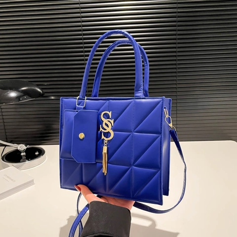 Conjunto de Bolso de Hombro Acolchado de Cuero PU para Mujer Color Sólido Bolso Bandoulière con Mini Pochette Colgante Metal