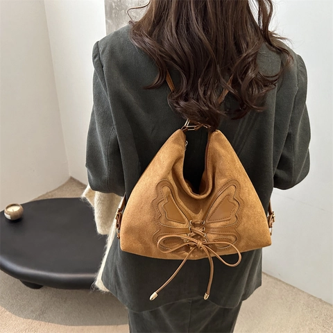 Vlinder Patchwork Faux Suède Hobo Tas Vintage Veter Schoudertas Chique Dames Handtas