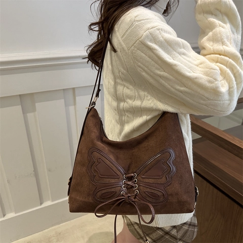 Vlinder Patchwork Faux Suède Hobo Tas Vintage Veter Schoudertas Chique Dames Handtas