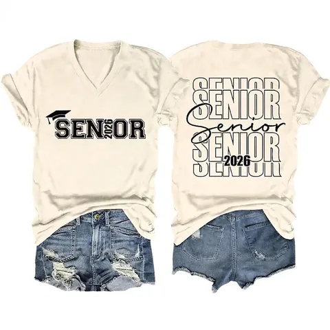 Women V-Neck Short Sleeve T-Shirt Senior 2026 Graduation Letter Print Loose Fit Cotton Blend Casual Pullover Tops