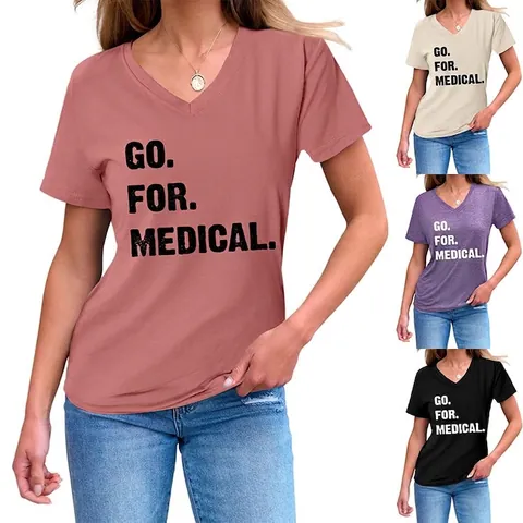 Women V Neck Short Sleeve Cotton Blend T-Shirt Go For Medical Slogan Print Casual Letter Top Summer Tee