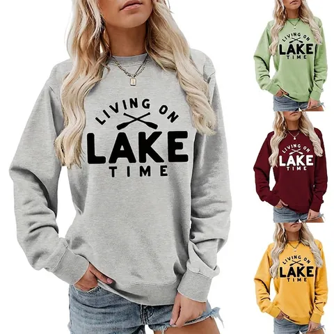 Sudadera Mujer Cuello Redondo Mezcla Algodón Ajuste Holgado Gráfico Pullover Casual Manga Larga Living On Lake Time