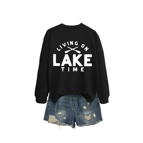 Sudadera Mujer Cuello Redondo Mezcla Algodón Ajuste Holgado Gráfico Pullover Casual Manga Larga Living On Lake Time