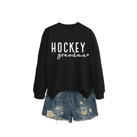 Sudadera Mujer Cuello Redondo Algodón Manga Larga Hockey Grandma Estampado Letras Corazón Top Casual