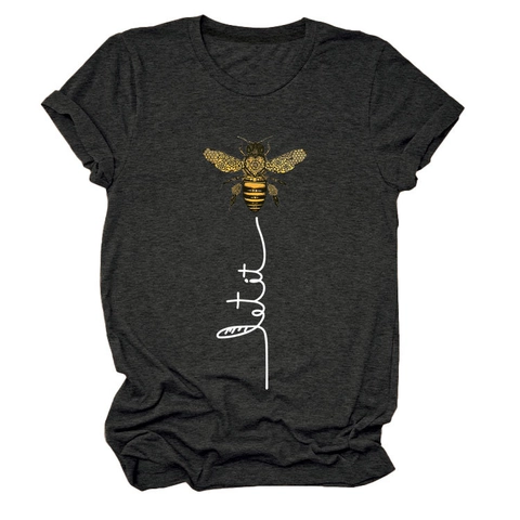 T-Shirt Da Donna Casual A Maniche Corte Girocollo In Misto Cotone Grafica Ape Stampa Let It Be Top Moda
