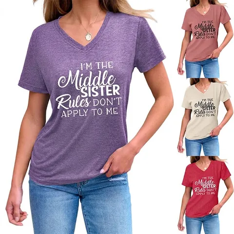Dames T-Shirt Met V-Hals Korte Mouwen Katoenmix Slogan Print I'm The Middle Sister Casual Losse Pullover Top
