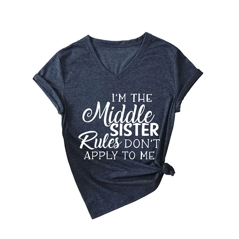 Dames T-Shirt Met V-Hals Korte Mouwen Katoenmix Slogan Print I'm The Middle Sister Casual Losse Pullover Top
