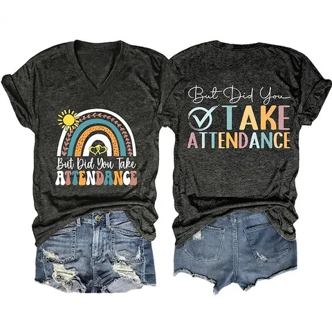 Women V Neck Rainbow Graphic Print T-Shirt And Denim Shorts Casual Summer Cotton Blend Outfit Slogan