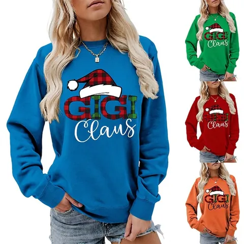 Felpa Natalizia Donna Stampa GIGI Claus Cappello Babbo Natale Maniche Lunghe Girocollo Casual Pullover In Misto Cotone Poliestere