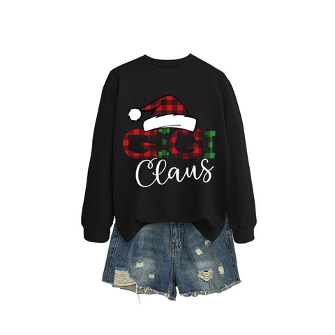 Felpa Natalizia Donna Stampa GIGI Claus Cappello Babbo Natale Maniche Lunghe Girocollo Casual Pullover In Misto Cotone Poliestere