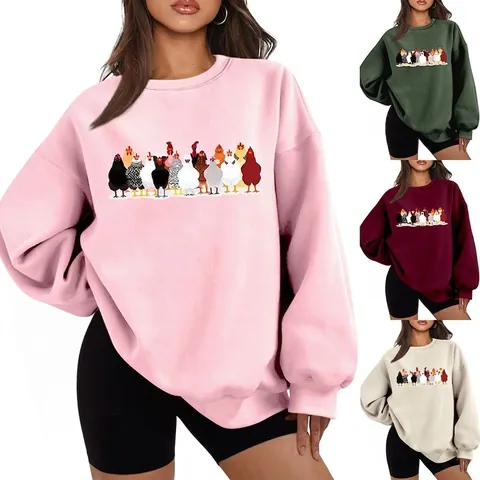 Dames Sweatshirt Katoenmix Fleece Gevoerd Ronde Hals Lange Mouwen Grappige Kip Print Casual Oversized Pullover