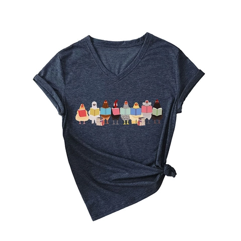 T-Shirt Da Donna Con Scollo A V Misto Cotone Manica Corta Divertente Stampa Grafica Polli Che Leggono Libri Top Casual
