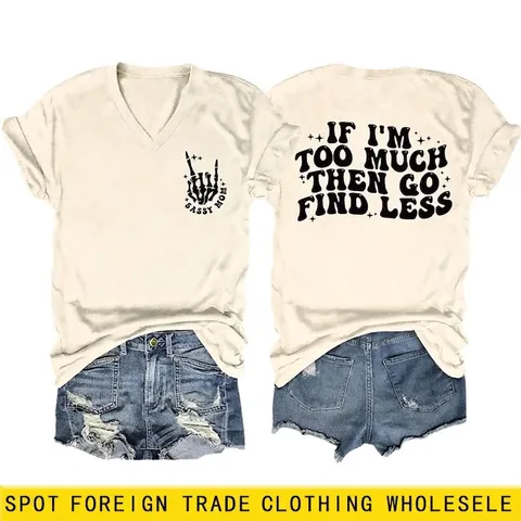 Ensemble T-Shirt À Manches Courtes Col En V Et Short En Jean Décontracté Pour Femme Imprimé Slogan Style Rétro Américain