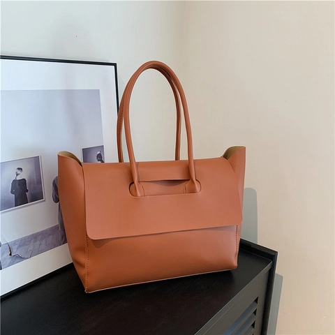 Women's Minimalist Large Capacity PU Leather Tote Bag Retro Commuter Shoulder Bag Solid Color Casual Fashion Handbag