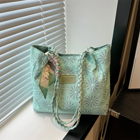 Borsa Tote Grande Capacità Donna Ricamo Floreale Tridimensionale Borsa a Tracolla Pendolare Con Sciarpa di Raso Manico Intrecciato