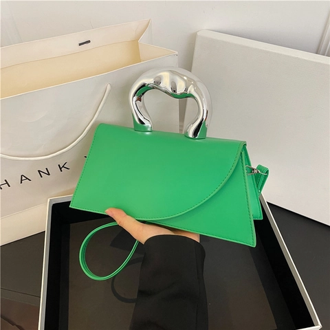 Women Crossbody Bag PU Leather Asymmetric Flap Irregular Silver Metal Handle Minimalist Modern Chic Handbag