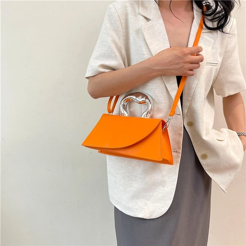 Women Crossbody Bag PU Leather Asymmetric Flap Irregular Silver Metal Handle Minimalist Modern Chic Handbag