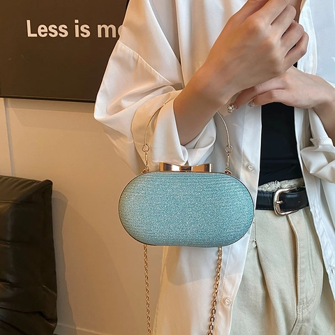 Damen Glitzer Pailletten PU Oval Abendtasche Clutch Handtasche Mit Schleifenverschluss Metallgriff Und Kette