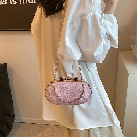 Damen Glitzer Pailletten PU Oval Abendtasche Clutch Handtasche Mit Schleifenverschluss Metallgriff Und Kette