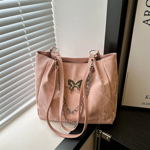 Women Tote Bag PU Leather Large Capacity Pleated Texture With Butterfly Charm And Artificial Pearl Chain For Commuting Casual
