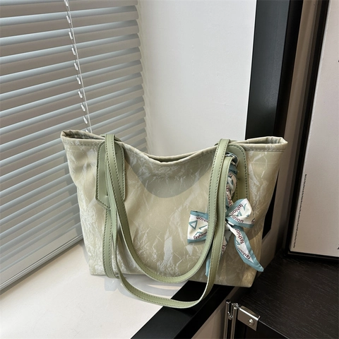 Women Pleated Tote Bag Large Capacity Shoulder Handbag With Decorative Scarf PU Leather Casual Fashion Minimalist