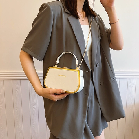 Fashion PU Leather Box Handbag Chic Crossbody Bag With Metal Frame And Chain Strap Simple Commuter Style For Women