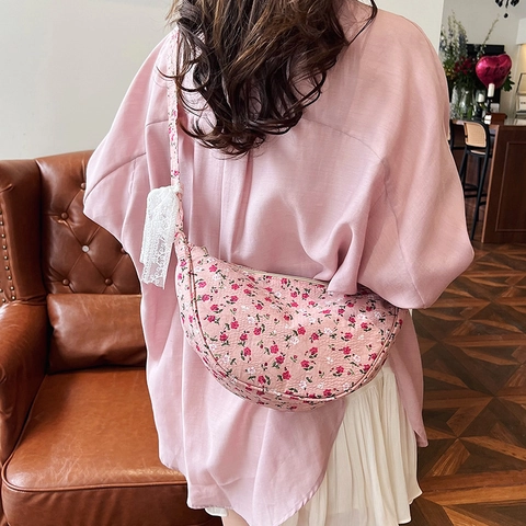 Sac Bandoulière Demi-Lune En Toile Pour Femmes Imprimé Floral Hobo Avec Nœud En Dentelle Style Coréen Sac À Épaule