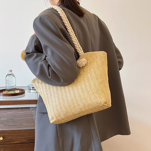 Sac Tote en Paille Tissée pour Femmes Mode d'Été Grande Capacité Sac à Bandoulière de Plage Avec Poignées en Corde de Coton