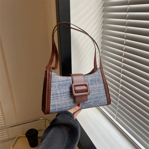 Bolso De Axila Retro Para Mujer Tweed Textura Denim Cuero PU Color De Contraste Hebilla Cuadrada Grande Bolso De Hombro