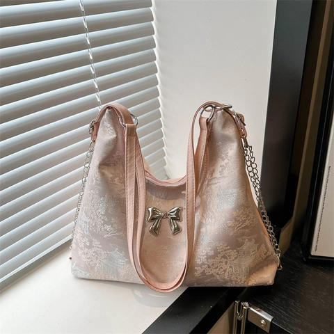 Borsa Sottobraccio Hobo Da Donna Tessuto Jacquard Pelle PU Stile Cinese Motivo Farfalla Floreale Fiocco In Metallo Borsa A Spalla