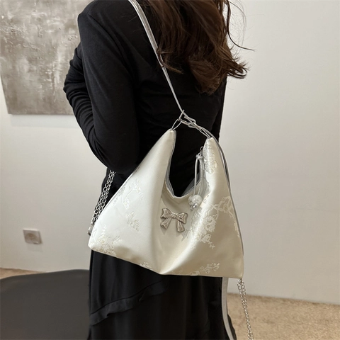 Borsa Sottobraccio Hobo Da Donna Tessuto Jacquard Pelle PU Stile Cinese Motivo Farfalla Floreale Fiocco In Metallo Borsa A Spalla
