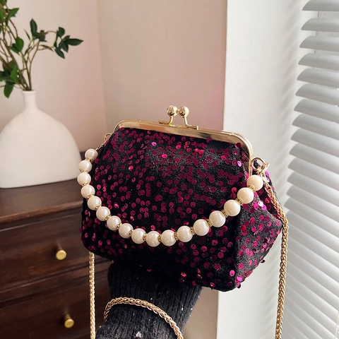Women Sequin Evening Bag With Artificial Pearl Handle And Gold Chain Strap Shiny Kiss Lock Shell Crossbody Clutch Purse