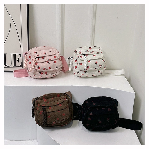 Strawberry Print Corduroy Crossbody Bag Cute Small Shoulder Bag With Adjustable Strap Casual Purse For Women