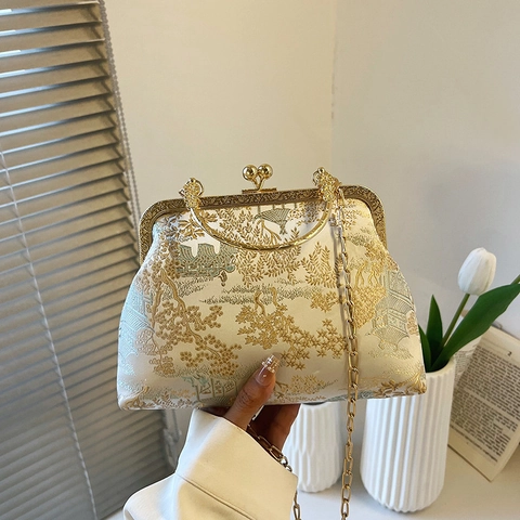 Borsa A Tracolla Da Donna In Jacquard Stile Cinese Kiss Lock Retro Sera Handbag Con Manico In Catena Di Metallo E Ricamo