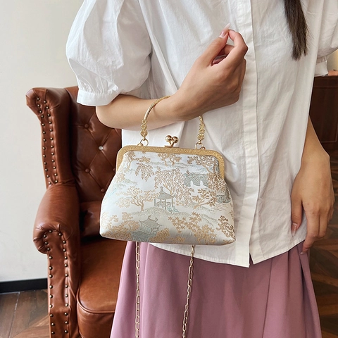 Borsa A Tracolla Da Donna In Jacquard Stile Cinese Kiss Lock Retro Sera Handbag Con Manico In Catena Di Metallo E Ricamo