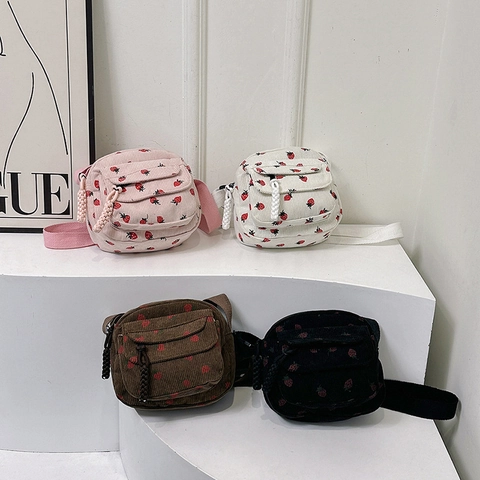 Retro Corduroy Aardbei Print Schoudertas Vrouwen Japanse Kleine Vierkante Tas Casual Crossbody Tas Gevlochten Rits