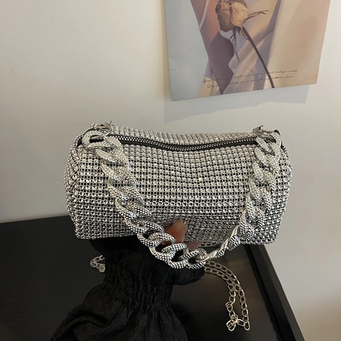 Women Sparkly Rhinestone Cylinder Evening Bag With Thick And Thin Metal Chains Crossbody Shoulder Purse
