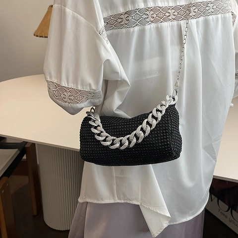 Women Sparkly Rhinestone Cylinder Evening Bag With Thick And Thin Metal Chains Crossbody Shoulder Purse