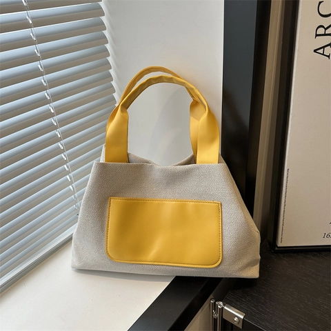 Bolso De Mano De Lona Tejida En Contraste Color Mujer Empalme Cuero PU Gran Capacidad Tote Minimalista Bolso Trapecio