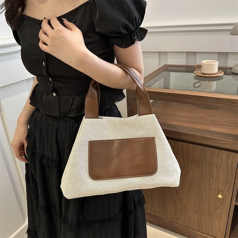 Bolso De Mano De Lona Tejida En Contraste Color Mujer Empalme Cuero PU Gran Capacidad Tote Minimalista Bolso Trapecio