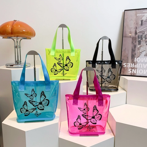 Women Fashion Butterfly Print Transparent PVC Tote Bag Large Capacity Jelly Shoulder Bag Casual Travel Beach Handbag For Lady