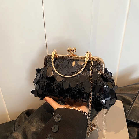 Borsa a Tracolla a Conchiglia con Paillettes da Donna Borsa da Sera Vintage in Pelle PU con Catena in Metallo per Festa Matrimonio