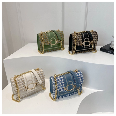 French Vintage Tweed Woven Shoulder Bag Women Elegant PU Splicing Metal Chain Square Crossbody Bag Small Party Purse