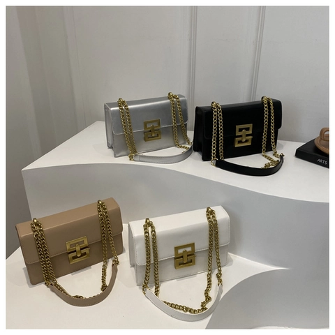 Shoulder Bag PU Leather Geometric Metal Lock Chain Strap Small Square Crossbody Bag Chic Minimalist Daily Work For Women