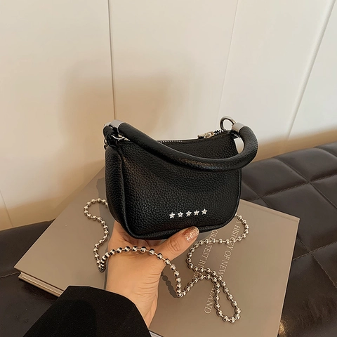 Women Mini Crossbody Bag PU Leather Lychee Texture Star Rivet Decor Small Saddle Bag Round Handle Chain Shoulder Bag