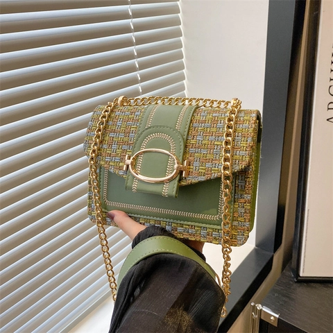 Dames Tweed Patchwork Ketting Schoudertas PU Leer Elegante Crossbody Tas Met Gouden Metalen Gesp Mode Handtas