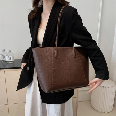 Women Large Capacity PU Leather Tote Bag Pebbled Texture Solid Color Retro Bucket Shoulder Bag For Daily Commute